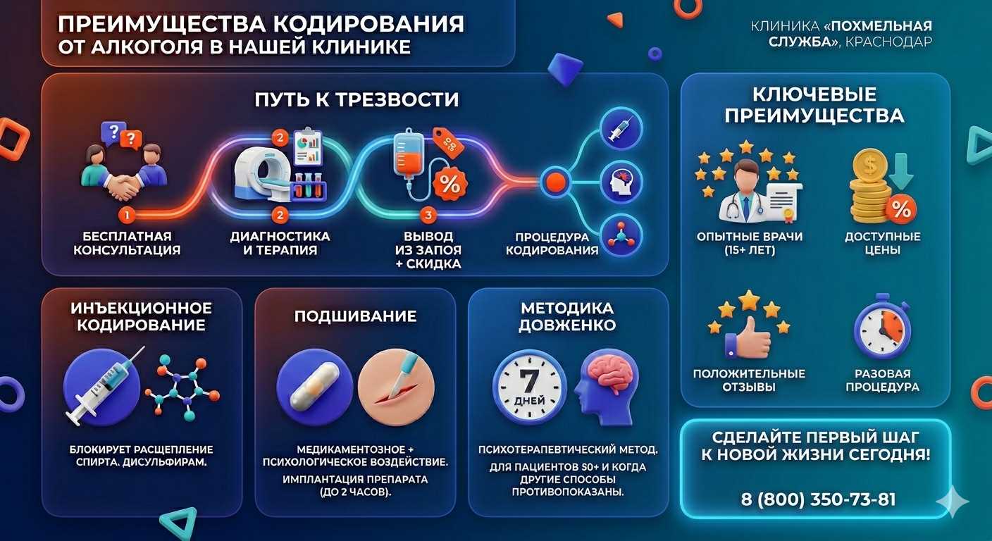 Инфографика о методах кодирования от алкоголя в Реутове: инъекции, подшивание, метод Довженко. Преимущества клиники и этапы лечения.